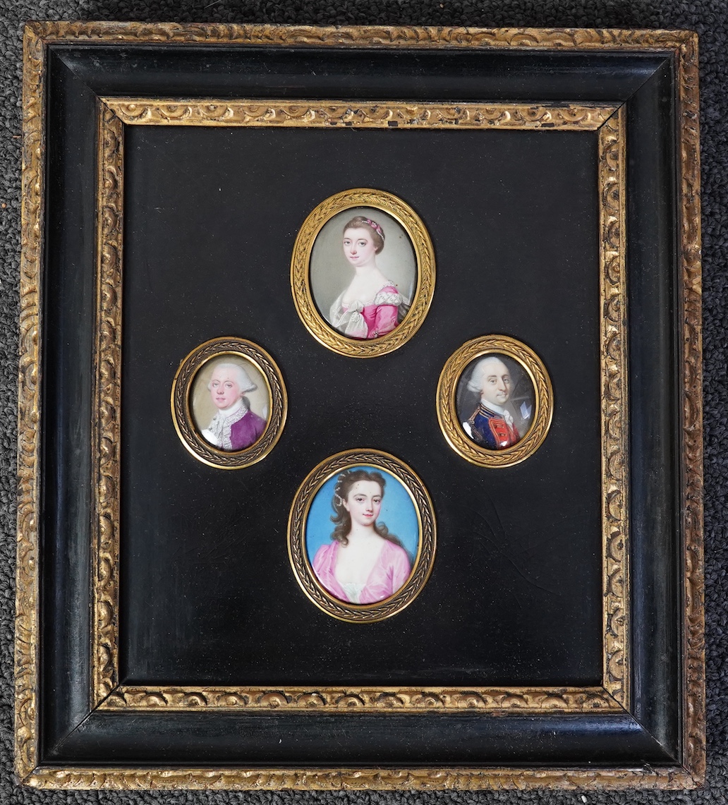 English School c.1760, Miniature portraits of the Cartwright Family, enamel on copper (4), largest 4.5 x 3.75cm, framed as one